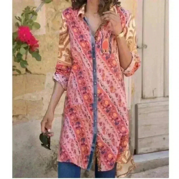 Soft Surrounding Brynn Small Button Tunic Shirt Floral Paisley Silk Velvet Trim - Picture 1 of 5